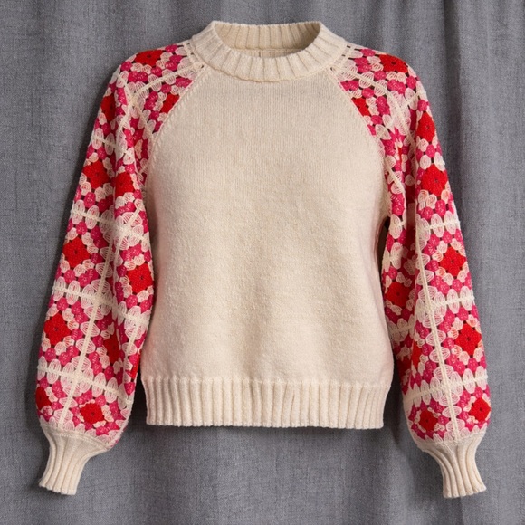 Bunulu Sweaters - Bunulu Women’s Small Cream Sweater Crochet Granny Square Sleeves Boho Wool Blend
